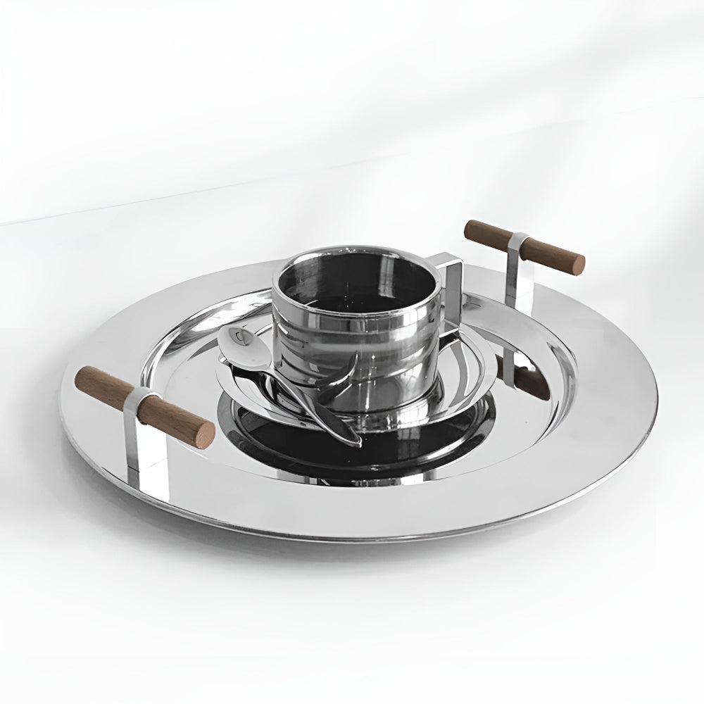 BowLift | Elegant Stainless Steel Round Tray with Wooden Handles