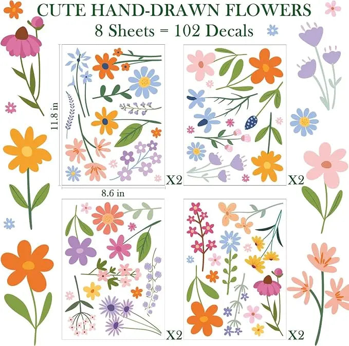 BowLift | 8 Sheets Spring Flowers Wall Stickers – 102 Self-Adhesive Designs for a Fresh Home!