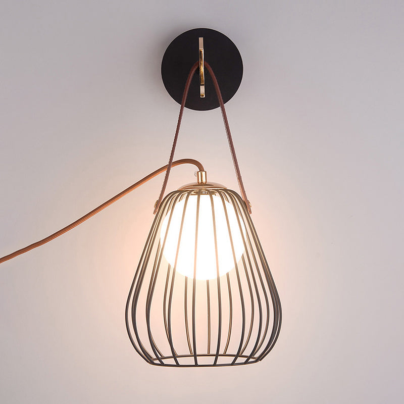 BowLift | Pear cage iron wall sconce minimalist 1-head black surface LED wall lighting ideas with leather handle