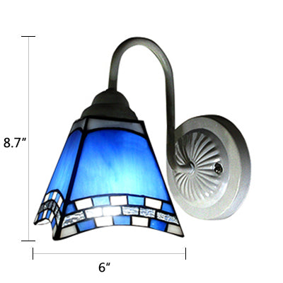 BowLift | 1 head living room wall lamp Mediterranean white wall lamp with pyramid blue glass shade