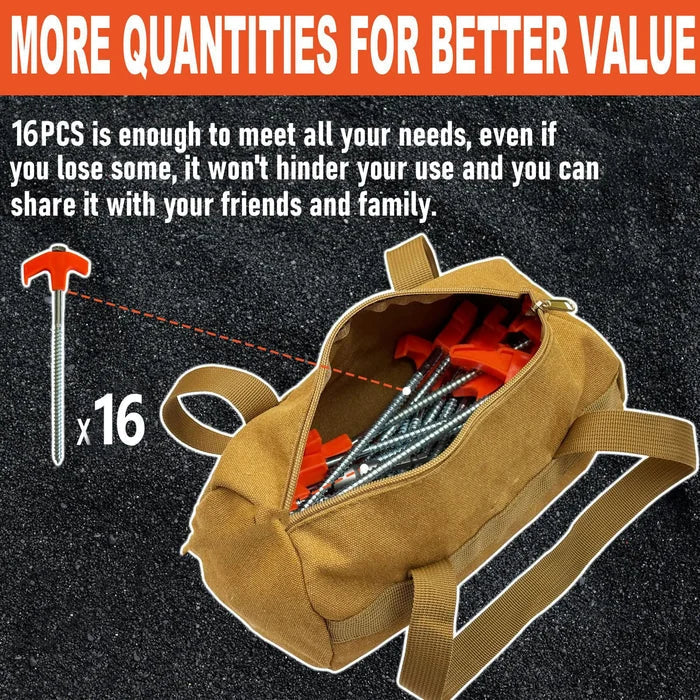 BowLift | Tent Stakes with Drill Tip | Heavy-Duty Steel Screw-In Pegs | 16-Pack Camping Anchors 8"
