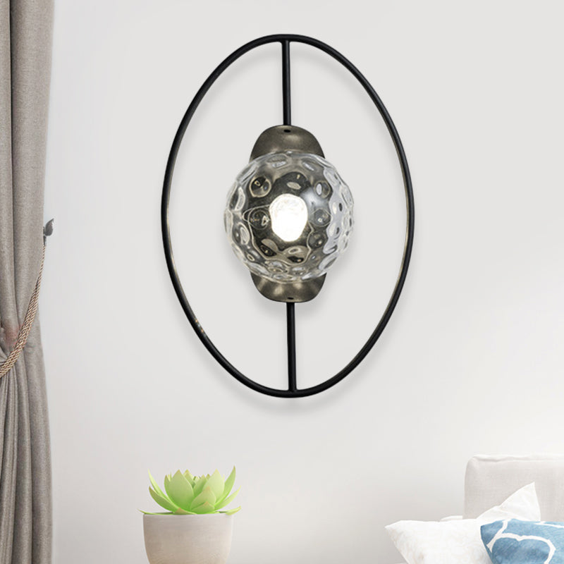 BowLift | Clear Dimpled Glass Orb Wall Light Modern 1-Lamp Black/Gold Wall Lamp with Ring Detail
