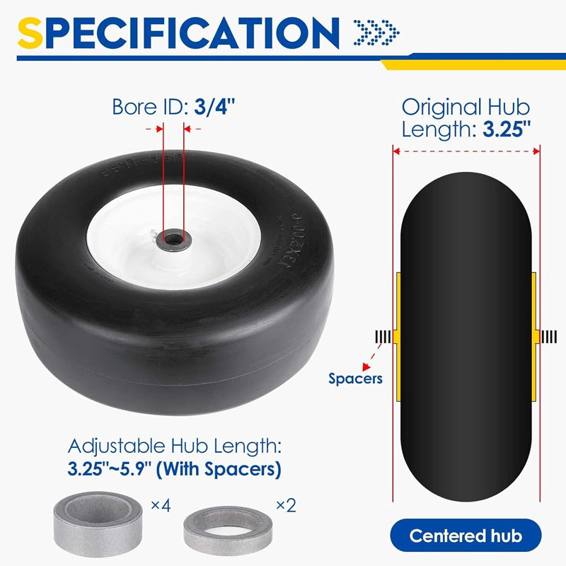 BowLift | 13x5-6" Flat Free Lawn Mower Tires 3.25"-5.9" Hub 2 Pack Tubeless Tractor Tires with 3/4" Greased Bushing