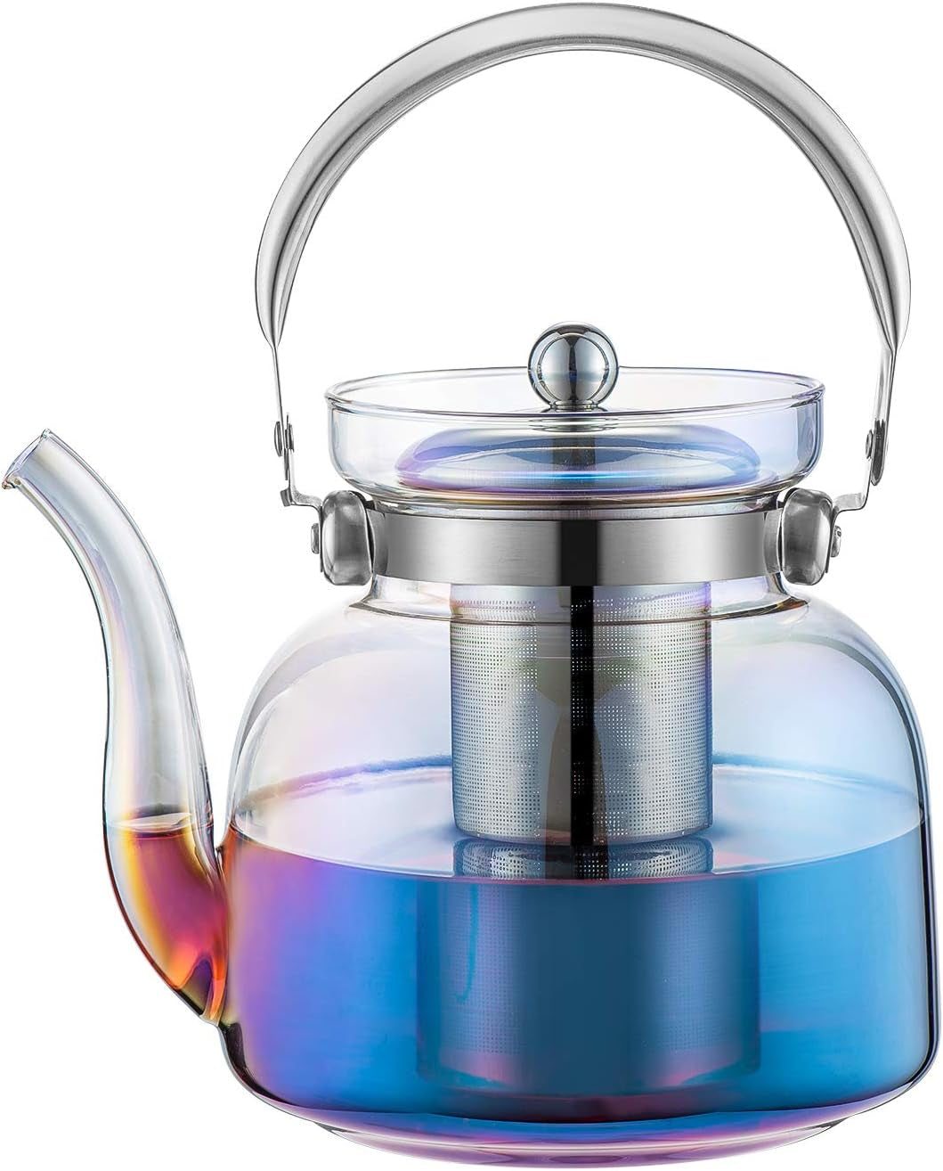 BowLift | 50 Oz(1500Ml) Glass Teapot with Lid, Removable Stainless Steel Tea Strainer and Handle, Stovetop Safe Tea Maker for Blooming and Loose Leaf Tea (Iridescent)