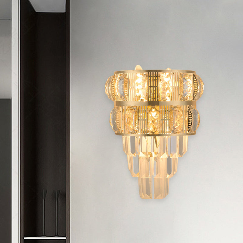 BowLift | 3-Bulb Wall Light Modern Stacked Clear K9 Crystal Wall Sconce Lighting Decorative Item in Gold