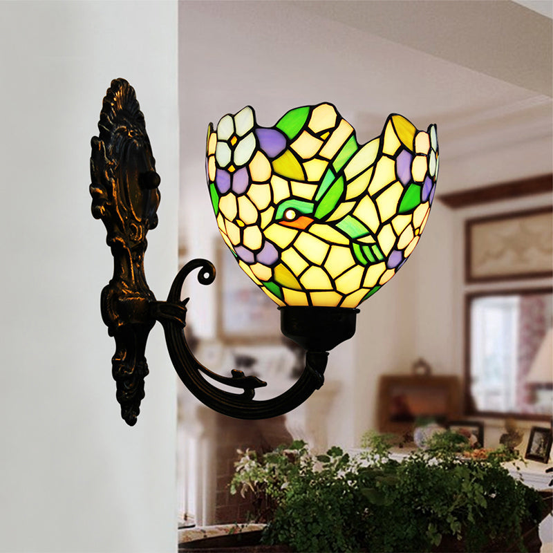 BowLift | 1-Light Wall Sconce Baroque Flower Hand-Cut Glass Wall-Mounted Lighting in Bronze with Swirl Arm