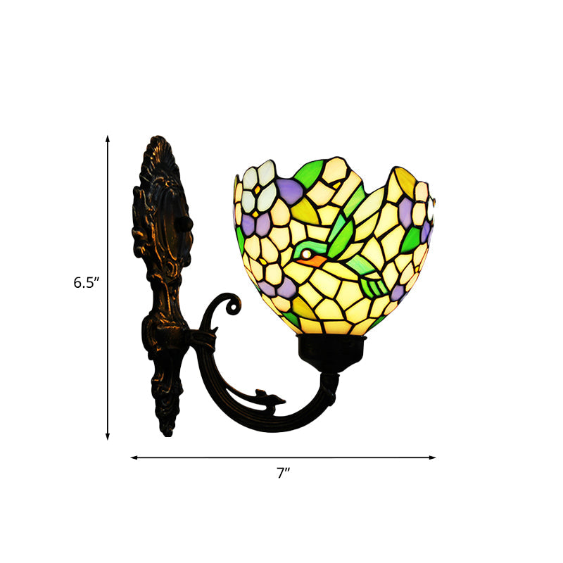 BowLift | 1-Light Wall Sconce Baroque Flower Hand-Cut Glass Wall-Mounted Lighting in Bronze with Swirl Arm