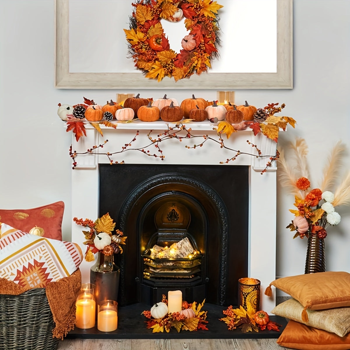 BowLift | Autumn Decoration Pumpkin Set – 12 Pieces Artificial Pumpkins with Velvet Finish