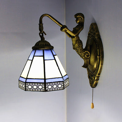 BowLift | Blue glass conical wall lamp Tiffany 1 head antique brass wall light