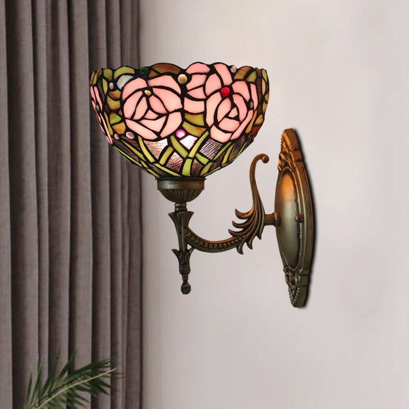 BowLift | Pink Wall Mounted Lighting Tiffany 1 Lamp Glazed Glass Wall Lamp with Bronze Engraved Arm