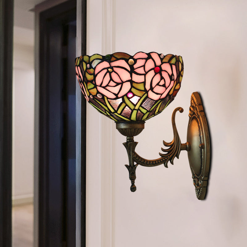 BowLift | Pink Wall Mounted Lighting Tiffany 1 Lamp Glazed Glass Wall Lamp with Bronze Engraved Arm