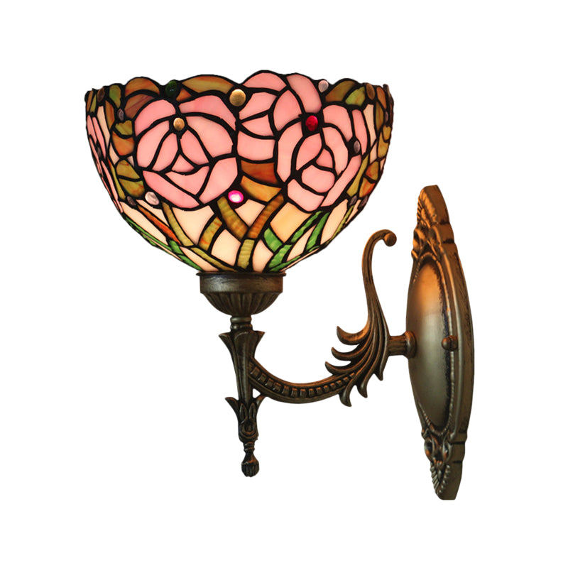 BowLift | Pink Wall Mounted Lighting Tiffany 1 Lamp Glazed Glass Wall Lamp with Bronze Engraved Arm