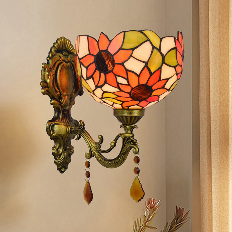 BowLift | Sheepflower Pattern Dome Wall Lamp 1 Bulb Cut Glass Tiffany Wall Lighting Fixture with Brass Curved Arm