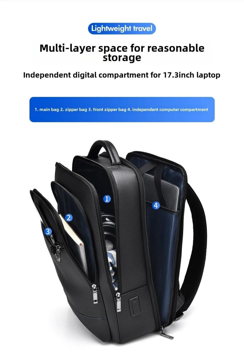 BowLift | Elegant leather rucksack for men/women with USB port for laptop and everyday use, 15.6 inch, black