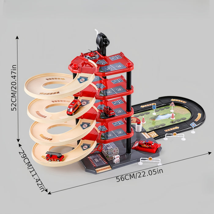 BowLift | FirePark Garage Playset – Multi-Level Fire Station with Fire Trucks & Traffic Signs for Adventurous Kids