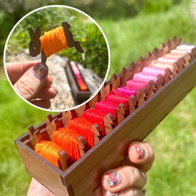 BowLift | Embroidery Thread Organizer | Wooden Bunny Bobbin Set | 16-Piece | Storage Corral Included