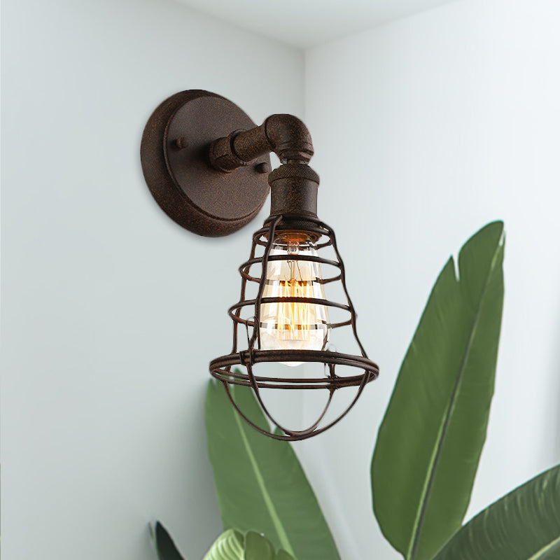 BowLift | Wire Frame Iron Wall Lamp with Pipe Farmhouse 1 Head Dining Room Mini Wall Lamp in Rust
