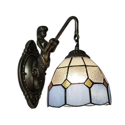 BowLift | Blue Glass Grid Pattern Wall Mounted Lamp Tiffany 1 Head Antique Brass Wall Light