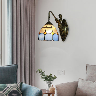 BowLift | Blue Glass Grid Pattern Wall Mounted Lamp Tiffany 1 Head Antique Brass Wall Light