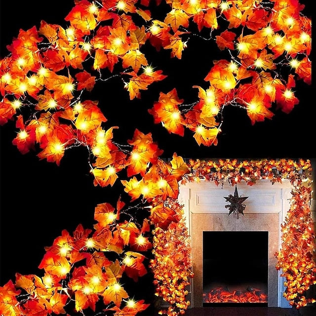 BowLift | Autumn Maple Leaf String Lights | Warm White LED Garland | Battery or USB Powered