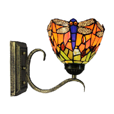 BowLift | 1 Light Dragonfly Wall Lamp Rustic Tiffany Outdoor Lighting in Orange for Library