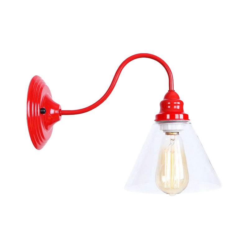 BowLift | A bulb wall lamp with a cone shade made of clear glass, industrial bedroom wall light in red