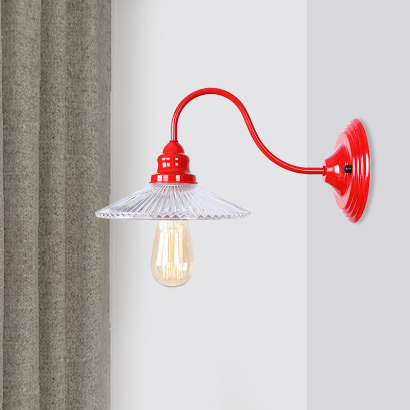 BowLift | Cone Clear Ribbed Glass Wall Lamp Industrial Single Bulb Bedroom Wall Light in Red