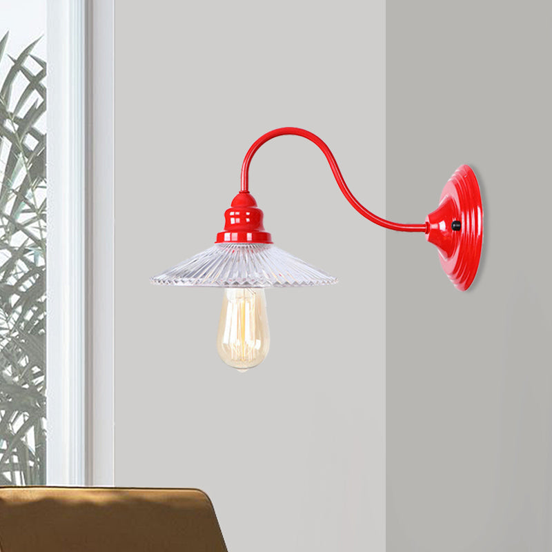 BowLift | Cone Clear Ribbed Glass Wall Lamp Industrial Single Bulb Bedroom Wall Light in Red
