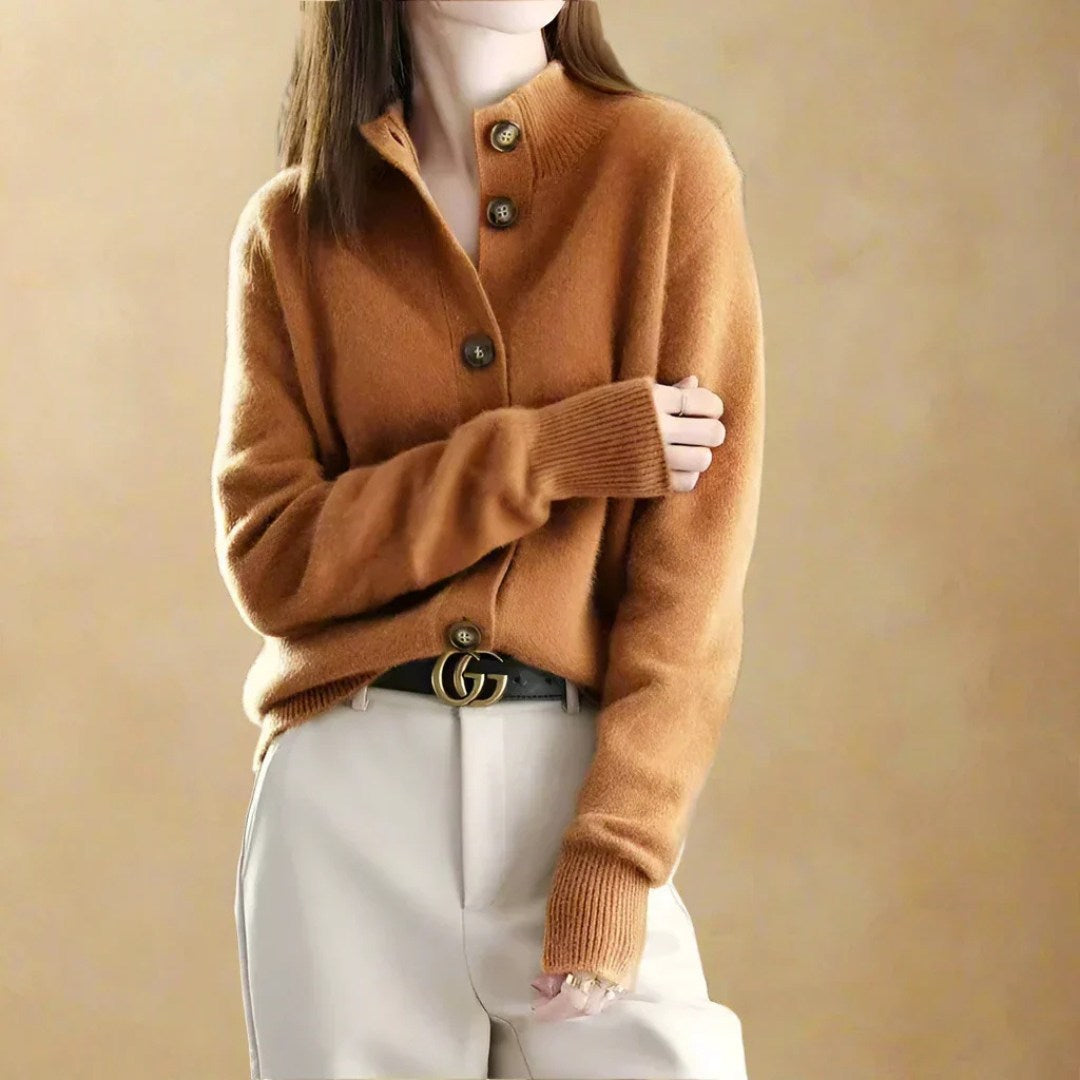 Wool Blend Cardigan with Scalloped Buttons and Stand-Up Collar