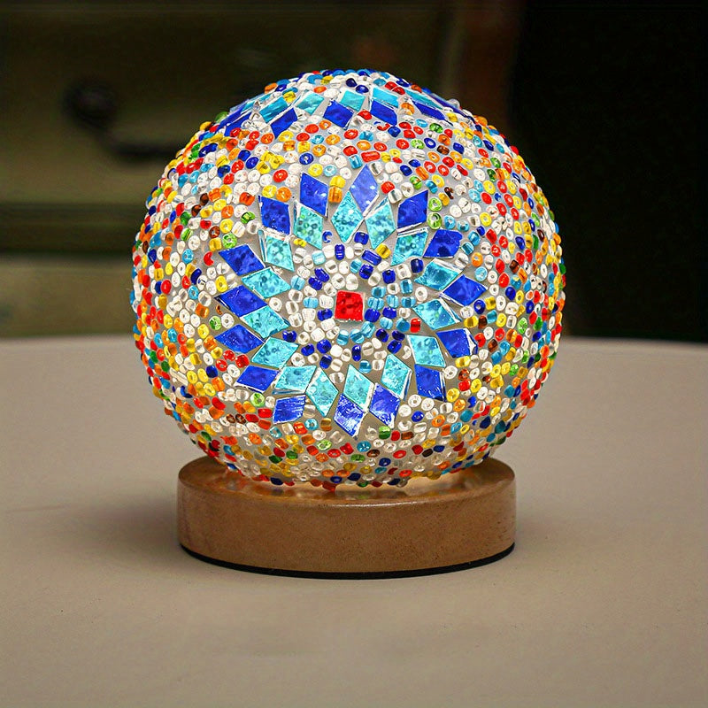 BowLift | Mosaic glass ball table lamp with wooden base - Turkish Moroccan inspired