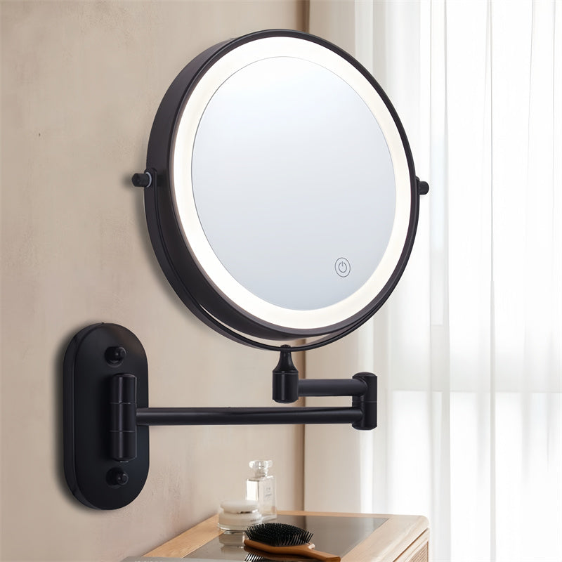 BowLift | Rechargeable Wall Mounted Shaving Mirror | 360° Rotation. 1X/10X Magnification & Adjustable LED Lighting for Bathroom Use