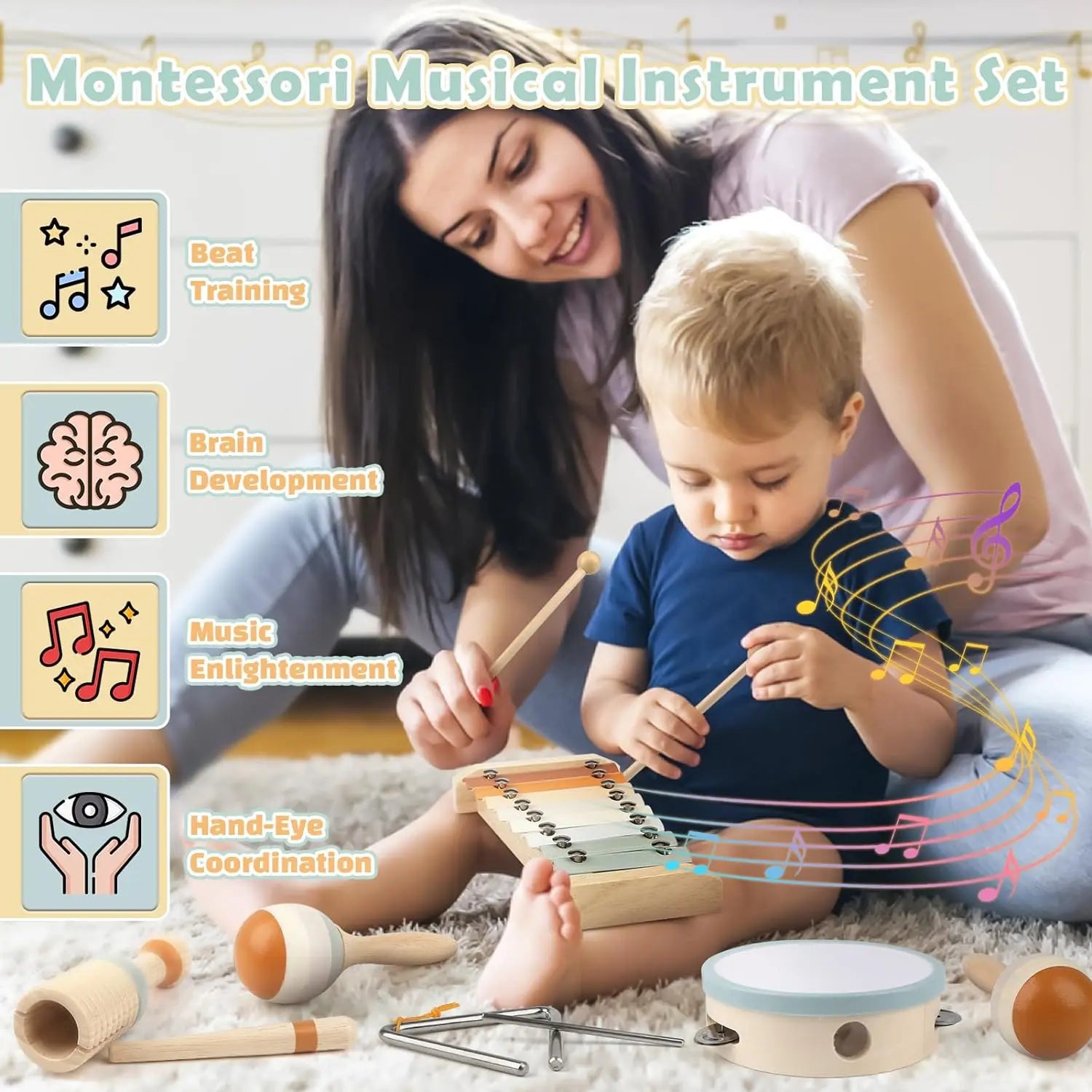 BowLift | Wood Montessori Musical Instrument Set for Toddlers - Professionally Tuned Xylophone, Maracas and more - Educational Gift for Preschoolers