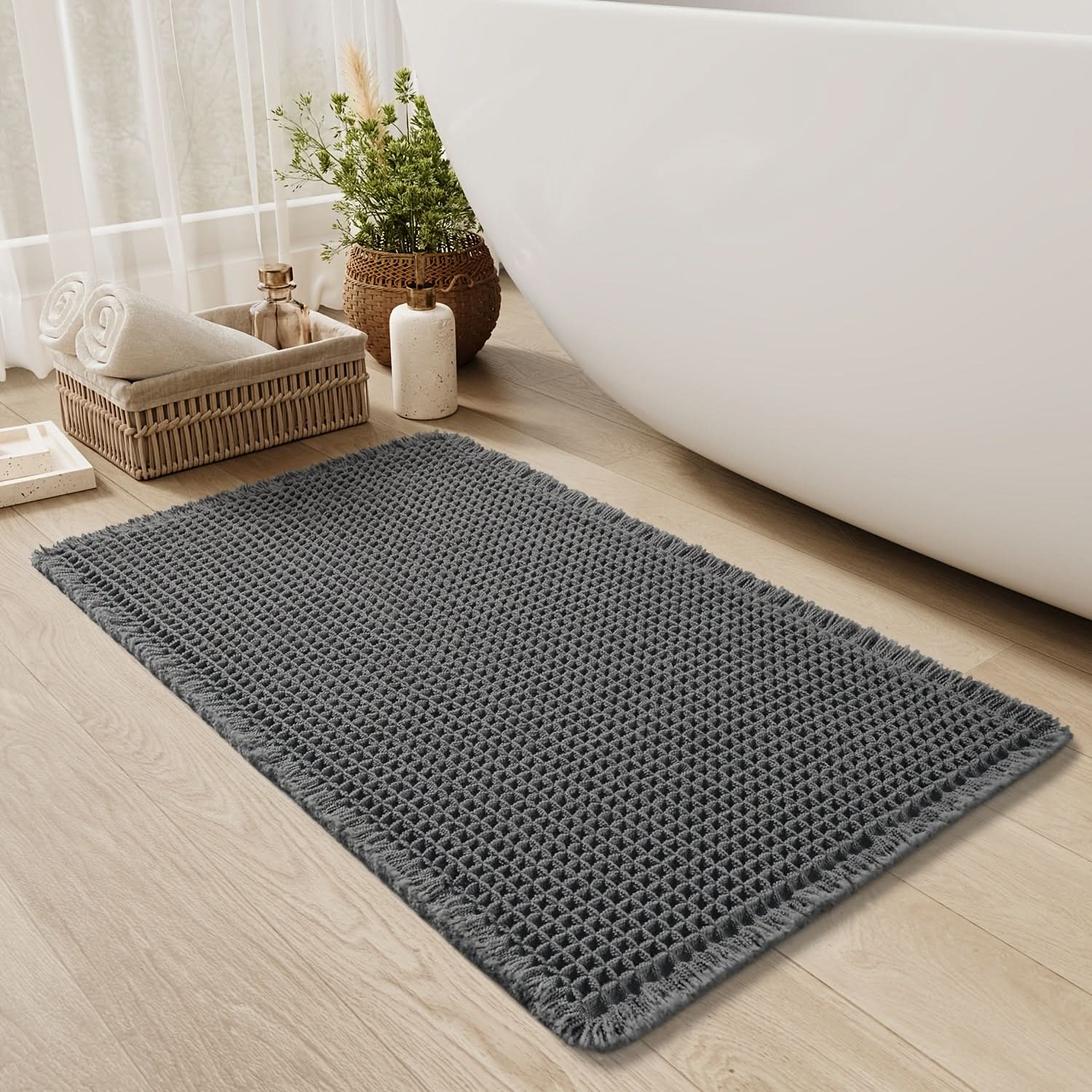 BowLift | AbsorbEase | Waffle Bath Mat with Fringes – Quick-Dry & Non-Slip