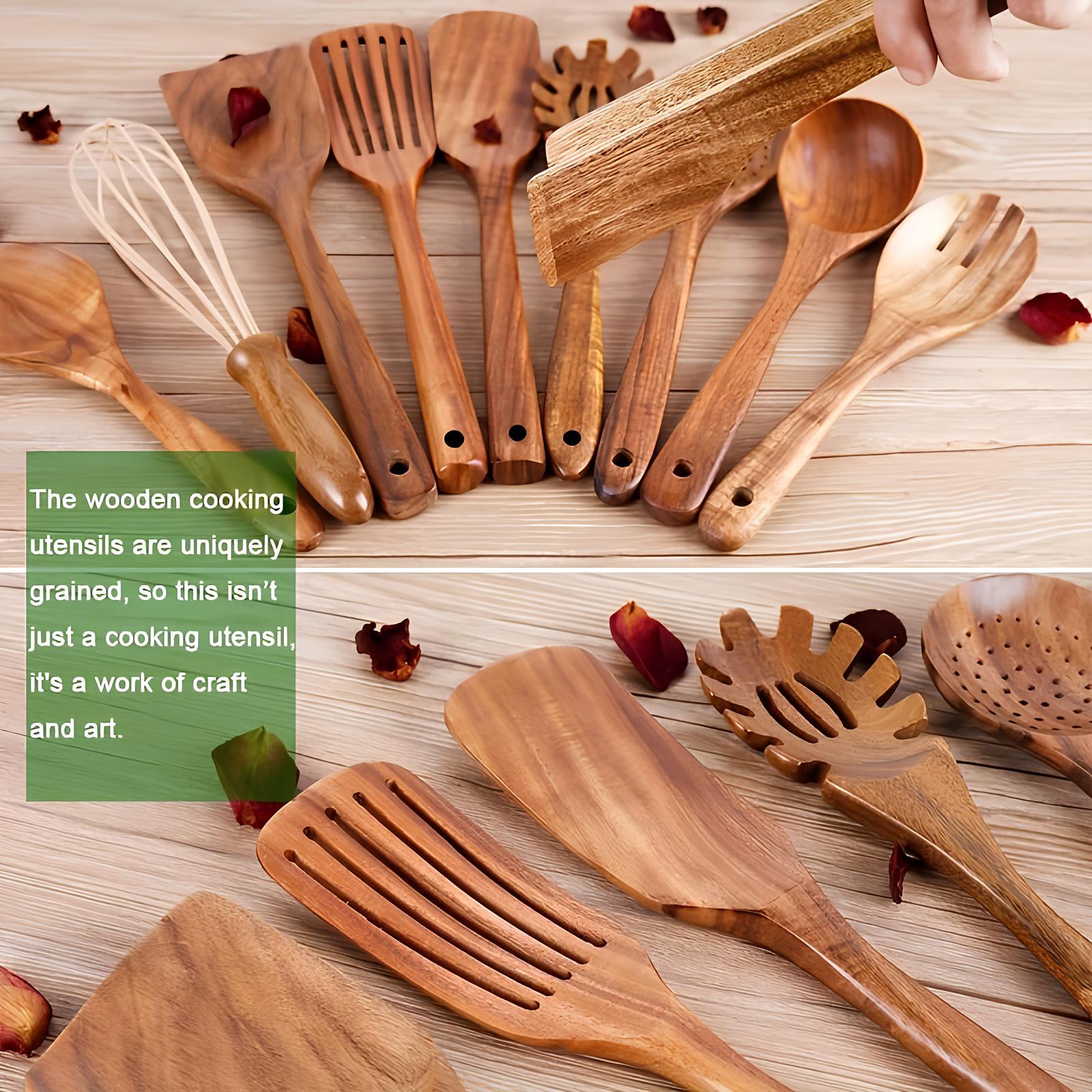 BowLift | 11-Piece Kitchen Utensil Set Made of Teak – Including Holder – Natural Look for the Kitchen
