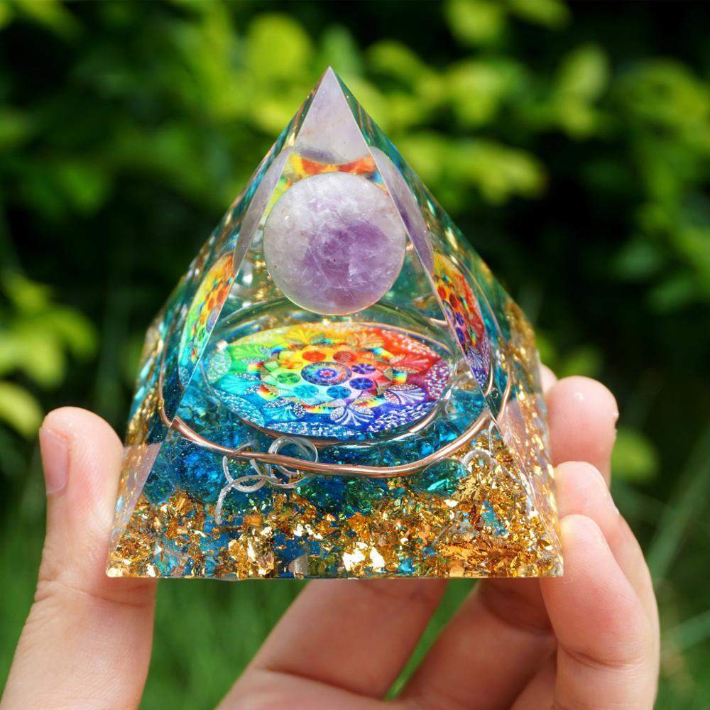 BowLift | Amethyst crystal ball with blue quartz orgone pyramid