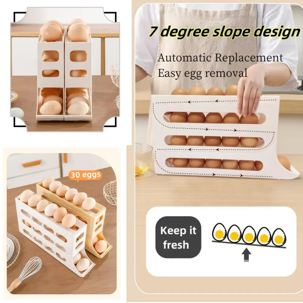 BowLift | Automatic Egg Holder with Rolling Function – 4-Tier Egg Organizer for Refrigerator & Kitchen