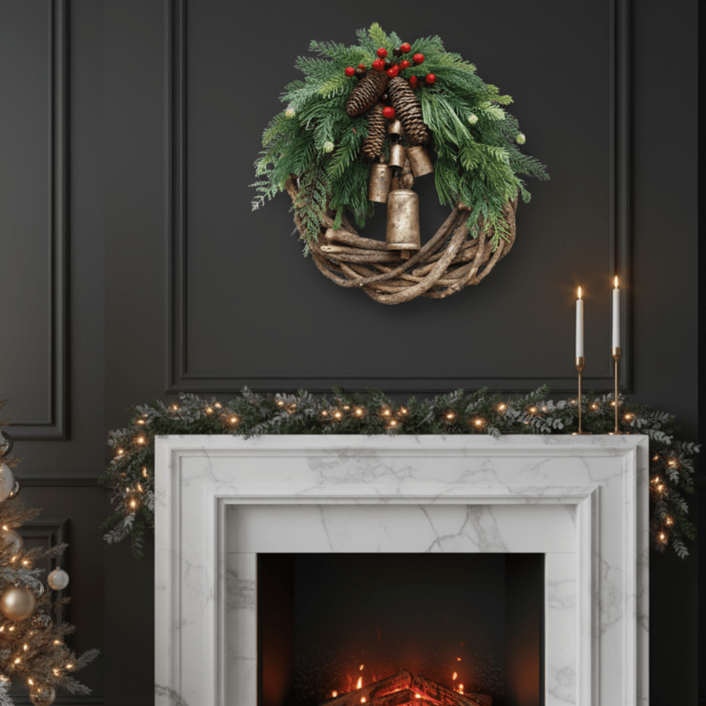 BowLift | Cozy Christmas wreath with natural bells and wooden accents