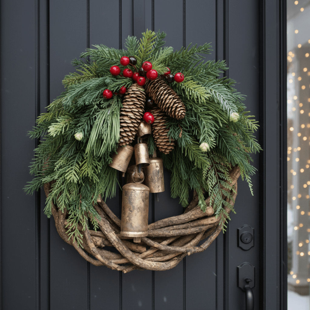 BowLift | Cozy Christmas wreath with natural bells and wooden accents