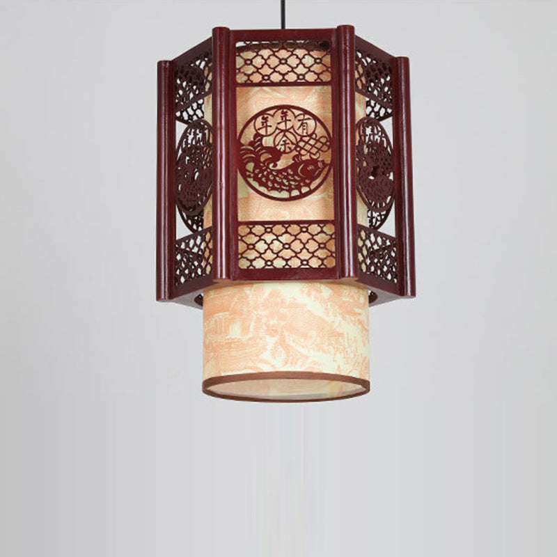 BowLift | Traditional Chinese Wood-PVC Cylinder Lantern Carved Fish 1-Light Pendant Lamp for the Dining Room