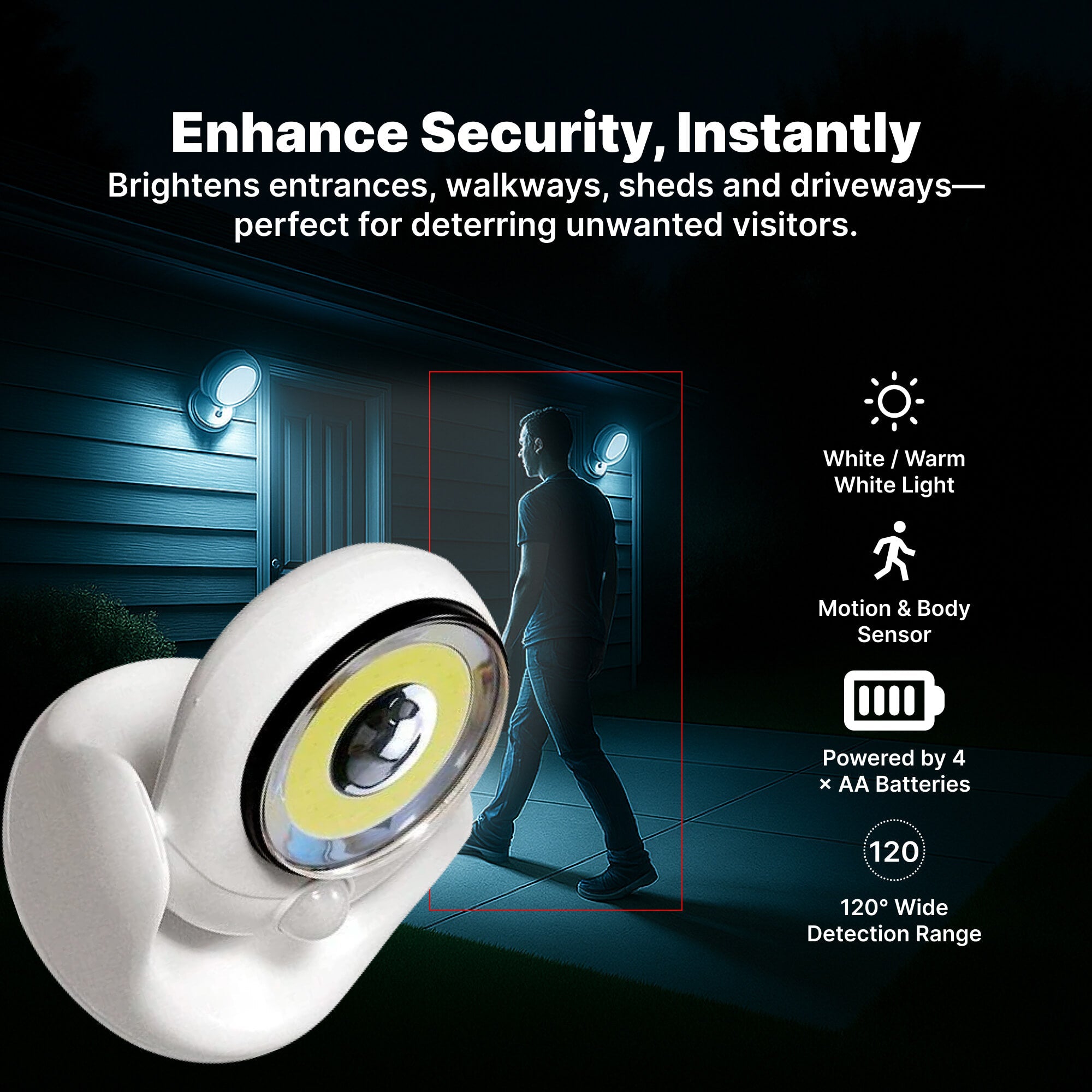 BowLift | Battery Operated Outdoor Security Light with Motion Sensor – Waterproof LED Light for Garden & Driveway | 450 Lumens