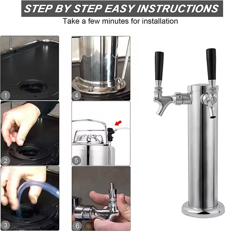 BowLift | Stainless Steel Beer Drip Tray & Double Tap Beer Tower Beer /Wine/Soda Water Dispenser Set 3'' Beer Tower For Beer Home Brewing