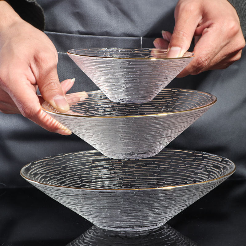 BowLift | Gold-Rimmed Bamboo Hat Bowl Nordic Crystal Glass Salad Bowl Household Striped Bowl Plate Glass Tableware
