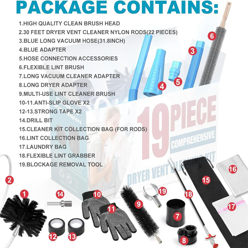 BowLift | 19-Piece Duct Cleaning Brush Dryer Vent Cleaner Kit Omnidirectional Include 30Feet Dryer Vent Brush