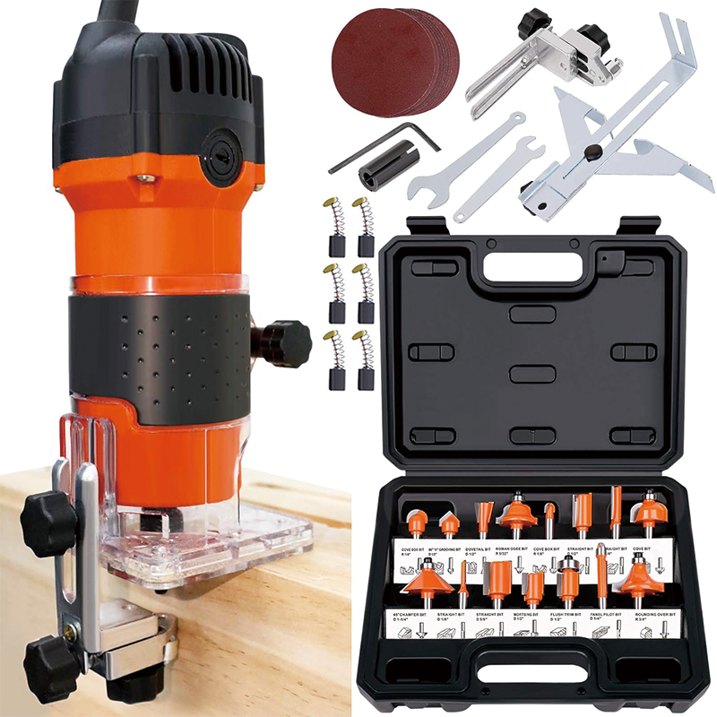 BowLift | Wood Router,6.5-Amp 1.25 HP Compact Wood Palm Router, with 15 pieces 1/4" Router Bits Set, for Woodworking Slotting Trimming