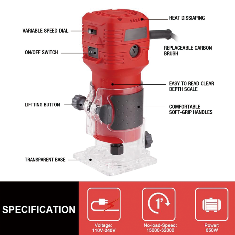 BowLift | Wood Router, 650W 110V 32000 RPM Hand Trim Router, 6 Variable Speeds, Edge Guide, Roller Guide and Portable Tool Box