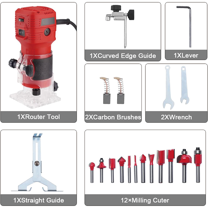 BowLift | Wood Router, 650W 110V 32000 RPM Hand Trim Router, 6 Variable Speeds, Edge Guide, Roller Guide and Portable Tool Box