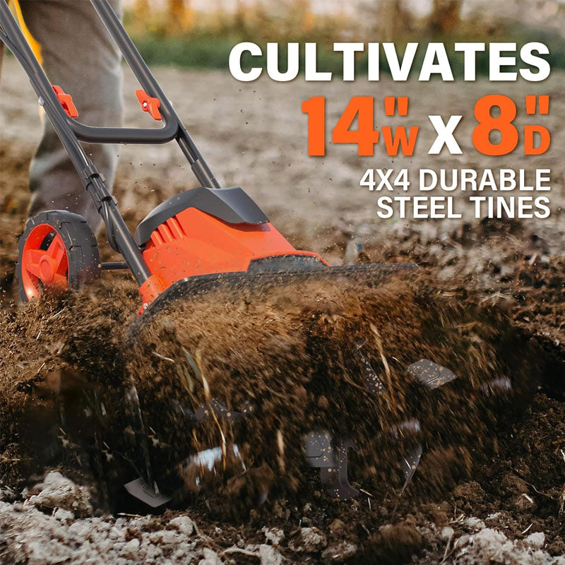 BowLift | 12 Amp Electric Cultivators 14" with Foldable Handle 4 Steel Tines Garden Rototiller with Wheels for Lawn Yard Soil Cultivation
