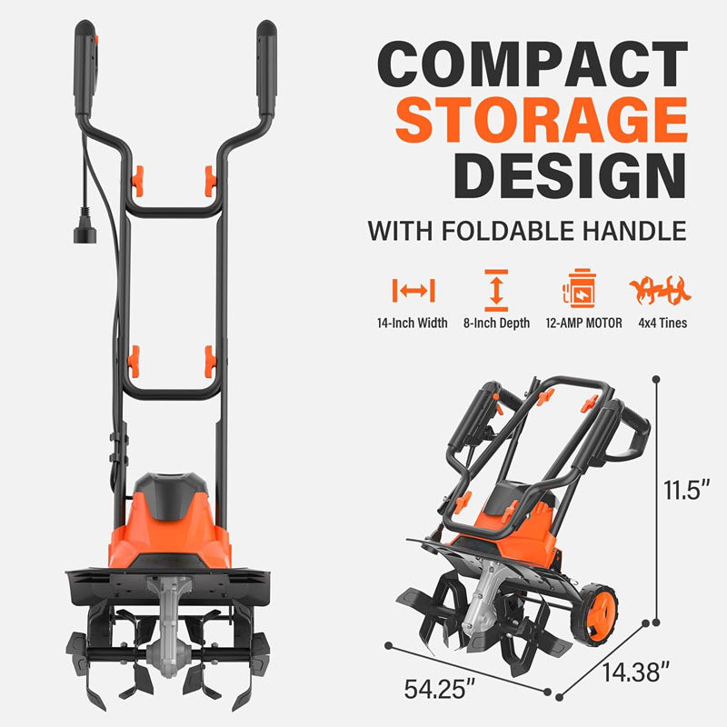 BowLift | 12 Amp Electric Cultivators 14" with Foldable Handle 4 Steel Tines Garden Rototiller with Wheels for Lawn Yard Soil Cultivation