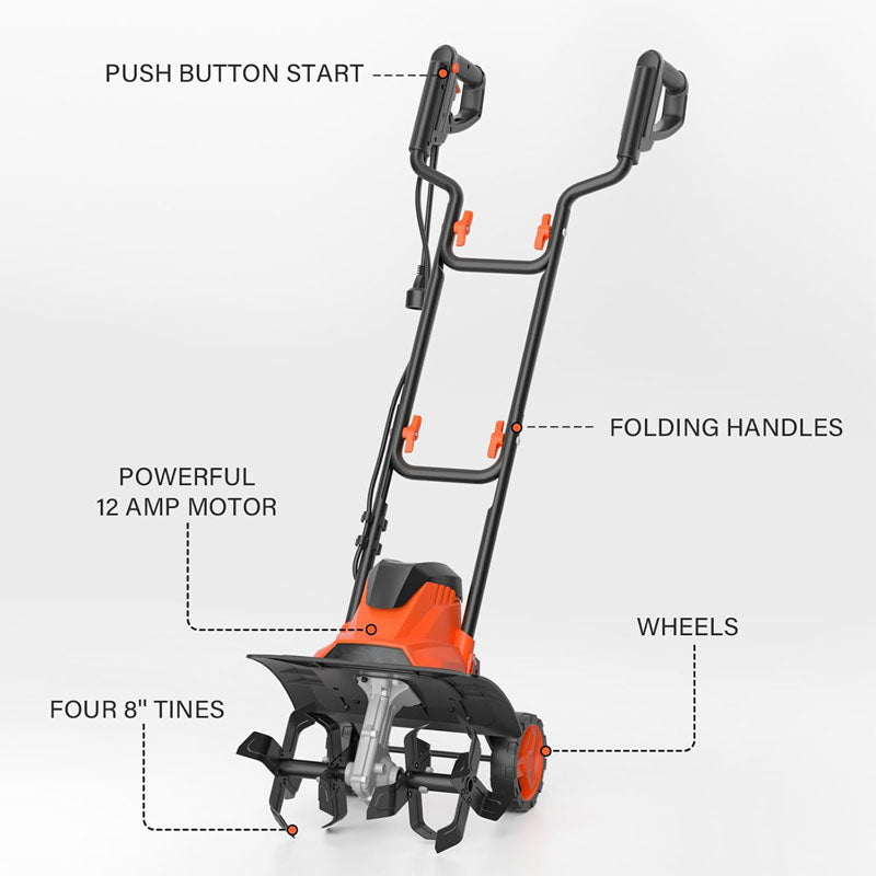 BowLift | 12 Amp Electric Cultivators 14" with Foldable Handle 4 Steel Tines Garden Rototiller with Wheels for Lawn Yard Soil Cultivation