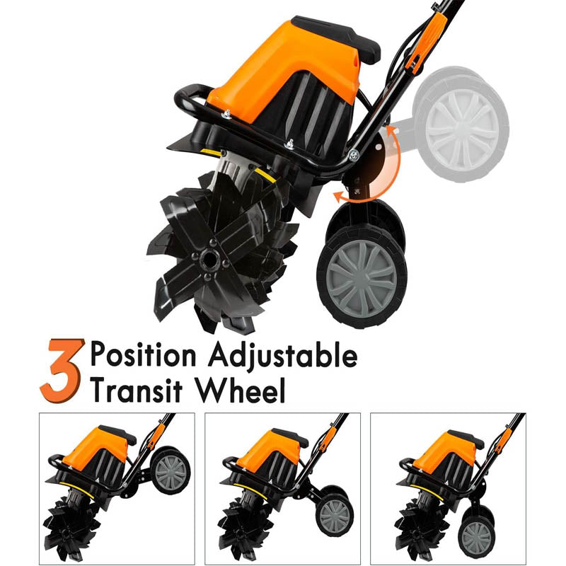 BowLift | Cultivators 10 Amp Electric Tiller 16-Inch 6 Steel Blades Adjustable Transit Wheel for Garden Lawn Soil Digging